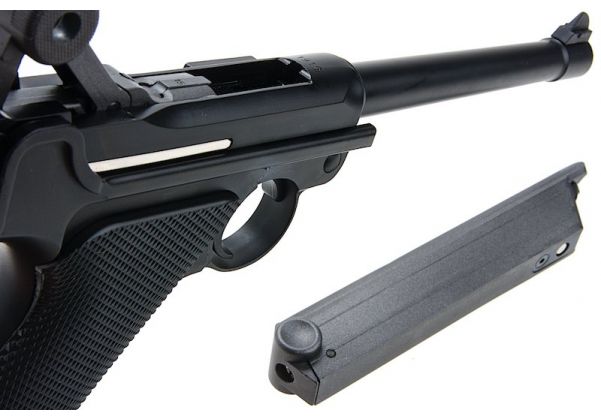 Pistola Airsoft Lugger Negra Larga Full Metal We