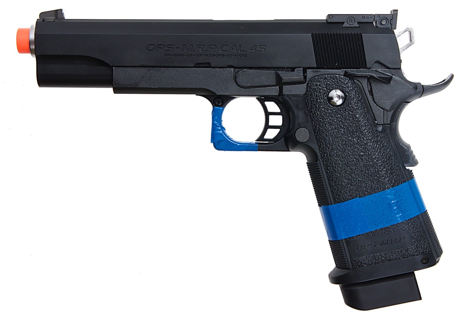 SB199 requires that airsoft pistols have bright colored tape affixed to their pistol grip and trigger guard.