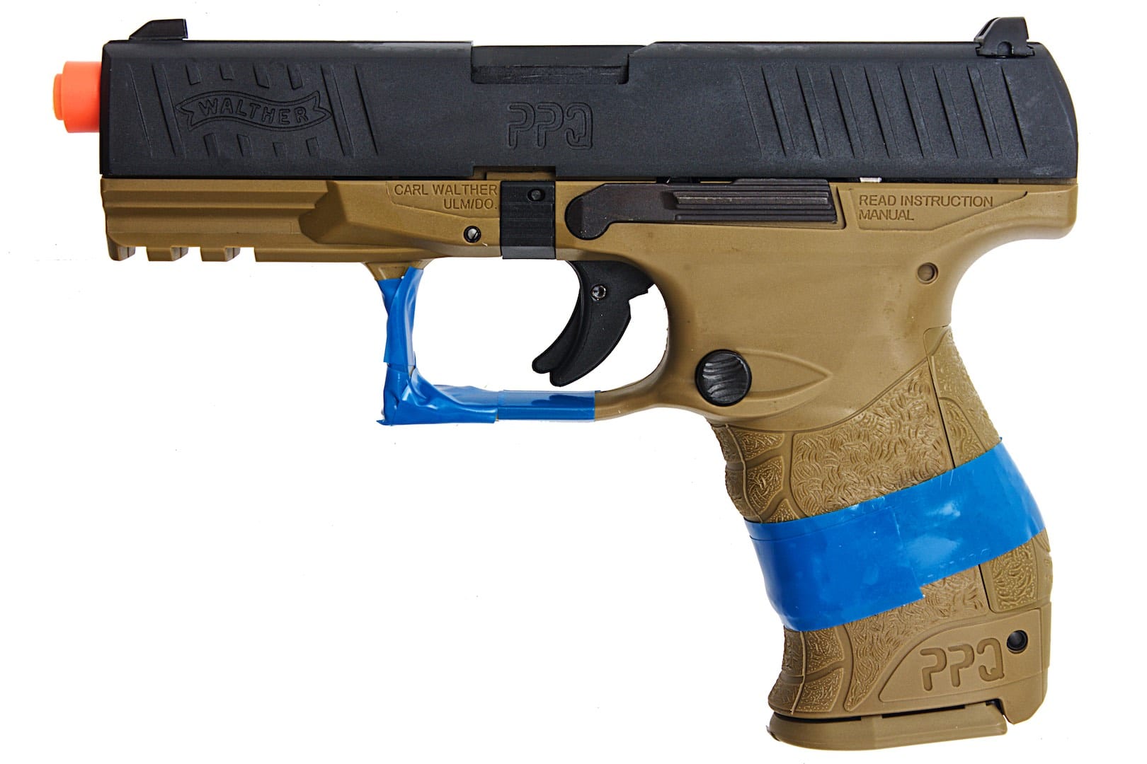 SB199 requires that airsoft pistols have bright colored tape affixed to their pistol grip and trigger guard.